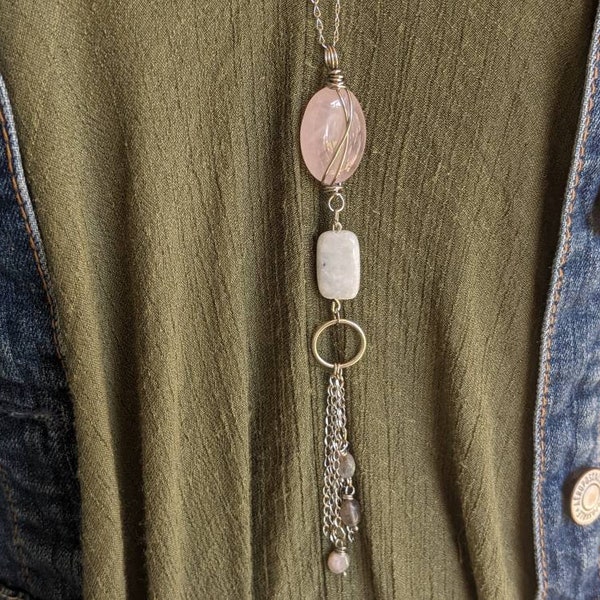 Women's Long boho necklace, rose quartz and silver, white amazonite long pendant, on your length silver adjustable chain