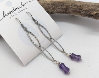 Purple Amethyst earrings, silver boho dangle earrings on surgical stainless steel ear wires, genuine February birthstone, hypoallergenic
