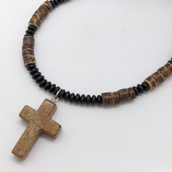 Mens cross necklace, beaded necklace with cross, boys Confirmation gift, religious gift for him, crosses for dad by JT Maui Designs