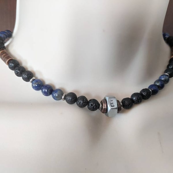 Personalized Boys necklace, customized boys name necklace hex nut mens black lava diffuser, blue lapis stone, engraved for him, teen boys