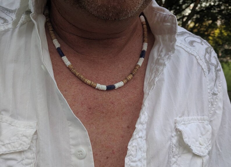 Mens surfer necklace puka shell and blue lapis lazuli unisex | Etsy