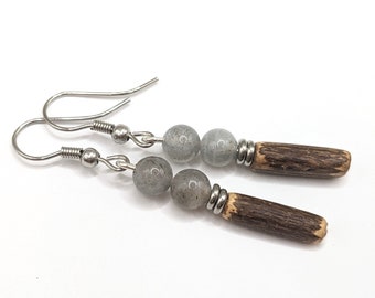 Gray and silver boho earrings, labradorite on wood and silver stainless steel, on high quality stainless ear wires, hypoallergenic