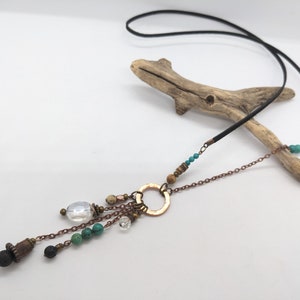 Collier long bohème, turquoise, lave, bois et cristal, collier extra long en cuir style bohème hippie gypsy, sur daim LB59 image 3