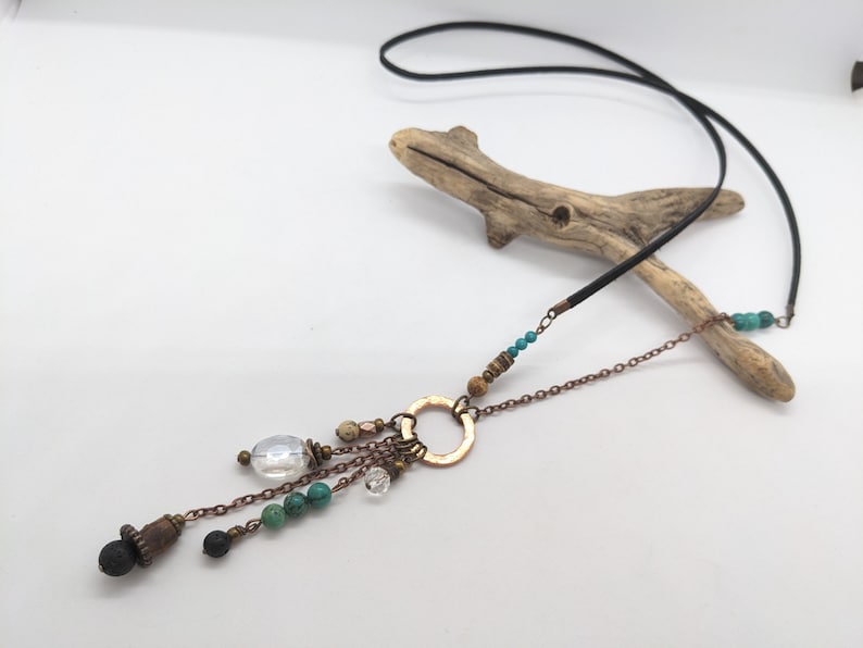 Collier long bohème, turquoise, lave, bois et cristal, collier extra long en cuir style bohème hippie gypsy, sur daim LB59 image 3