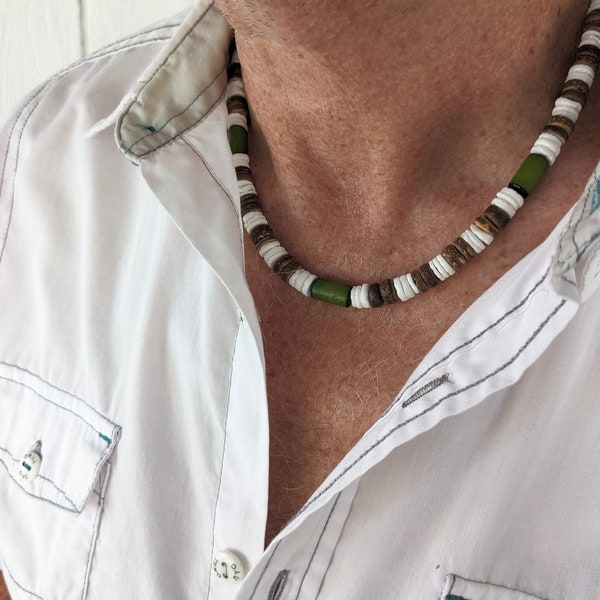 White Puka shell surf necklace, mens surfer style necklace, Hawaiian style gift for him, 8mm wide width, green buri wood, gift for man