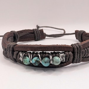 Leather bracelet, with turquoise stones, unisex genuine African turquoise artisan made adjustable brown bracelet, gift for men or women