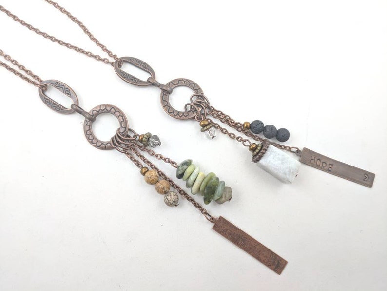 personalized with white amazonite copper and lava or green serpentine Stones your choice long boho necklace
