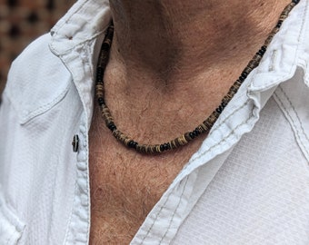 Mens necklace, boys necklace in surf style, waved coconut and black stone in custom length, on quality sturdy wire
