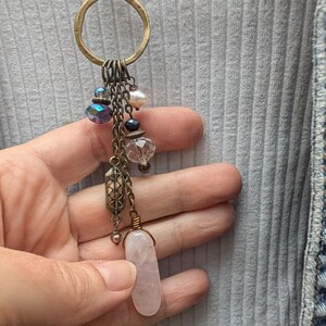 Long multi charm necklace, rose quartz light pink on long bronze chain, boho style, multi drops image 8