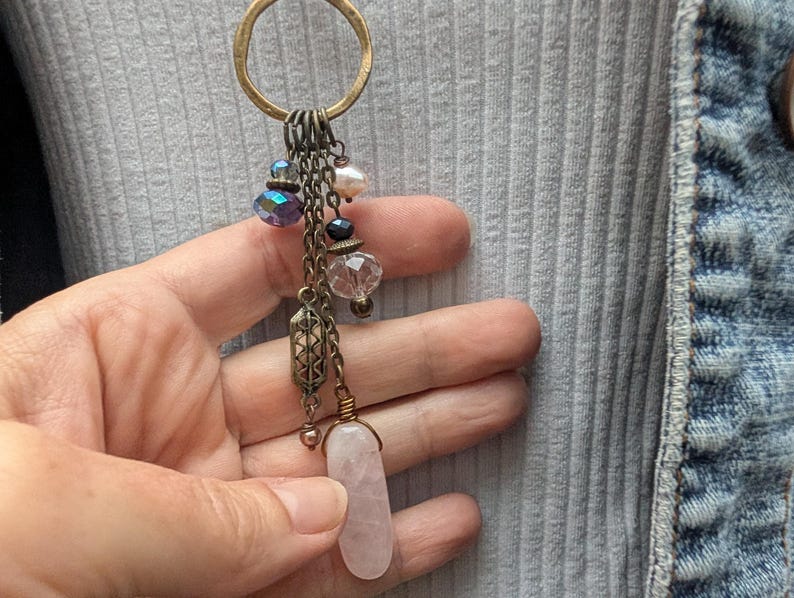 Long multi charm necklace, rose quartz light pink on long bronze chain, boho style, multi drops image 8