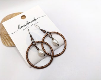 Pearl earrings in copper hoop on surgical stainless steel ear wires, allergy safe earring by JT Maui Designs