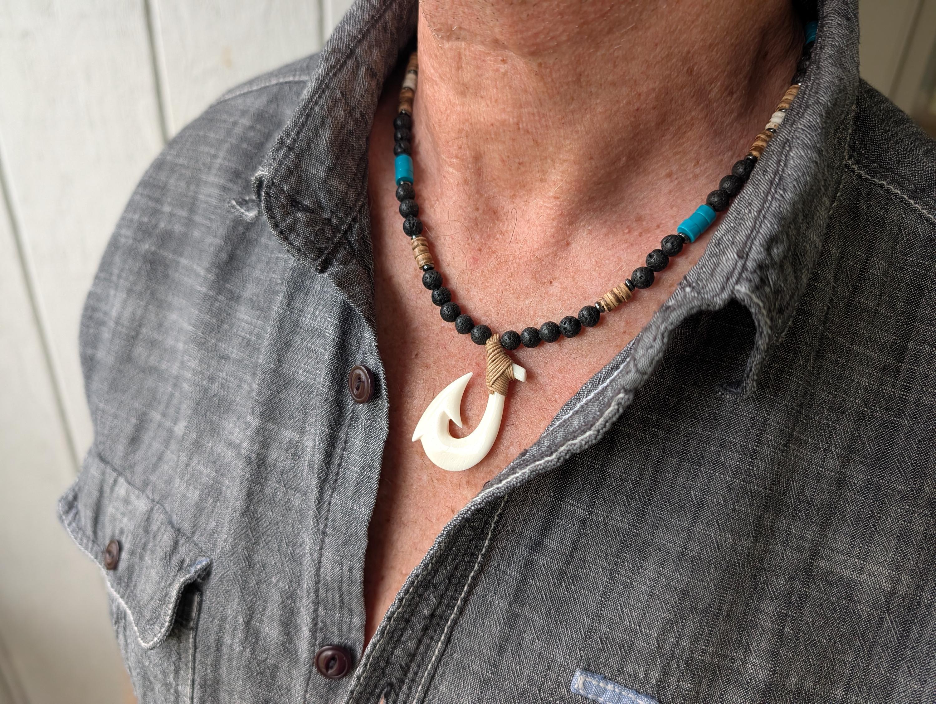 Mens Hawaiian Fish Hook Necklace, with Black Lava Beads and Turquoise, Makau Necklace for Man, in Maui Style, image size:3000x2258