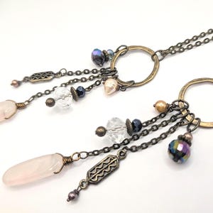 Long multi charm necklace, rose quartz light pink on long bronze chain, boho style, multi drops image 1