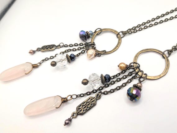 Long multi charm necklace, rose quartz light pink on long bronze chain, boho style, multi drops