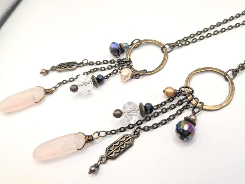 Long multi charm necklace, rose quartz light pink on long bronze chain, boho style, multi drops image 1