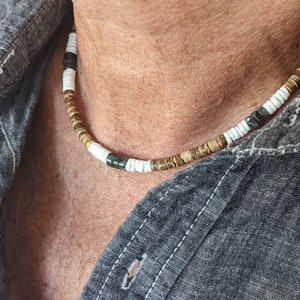 Gray laboradorite unisex choker or men&#39;s necklace, coconut and white shell, surf style Hawaiian necklace for him, gift for boys