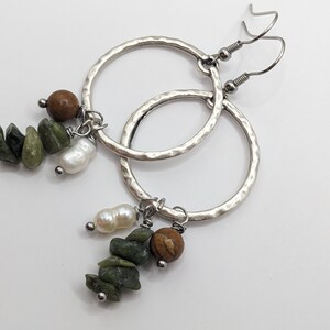 Olive green earrings, silver hoop boho earrings with olive green stones and pearls on surgical stainless steel ear wires by JT Maui