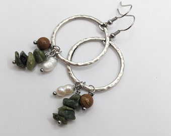 Olive green earrings, silver hoop boho earrings with olive green stones and pearls on surgical stainless steel ear wires by JT Maui