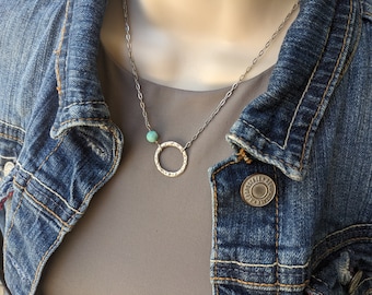 Women's geometric circle necklace, short silver adjustable chain, with aqua blue green gemstone, 18 inch