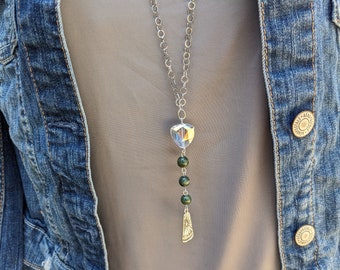 Women's Long boho necklace, extra long silver adjustable chain, with dark green gemstones and quality glass crystal
