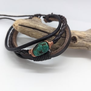 Unisex boho bracelet, turquoise leather bracelet for man, gift for boyfriend girlfriend couples, boho style brown bracelet