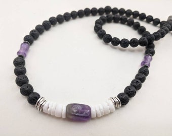 Amethyst choker, amethyst and lava necklace, unisex choker with puka shell and February birthstone