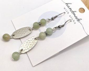 Light green boho earrings, handmade silver boho earrings, 1.5 inch, stainless steel wires, gift for sister
