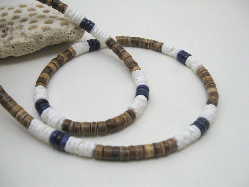 Mens necklace blue lapis lazuli, surf style blue lapis choker, little boys or unisex surfer design, hawaiian necklace white Puka shell image 2