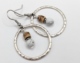 Silver boho earrings, white howlite in silver circle hoop, on silver stainless ear wires, silver circles, white gemstone in silver hoops