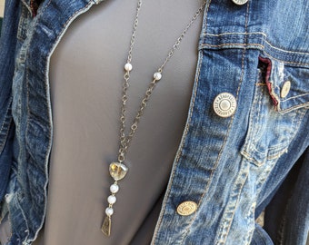 Women's Long boho necklace, extra long silver adjustable chain, with white howlite gemstones and quality glass crystal