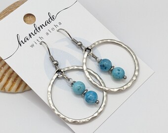 Silver boho earrings, light aqua blue in silver circle hoop, on silver stainless ear wires, silver circles