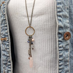 Long multi charm necklace, rose quartz light pink on long bronze chain, boho style, multi drops image 2