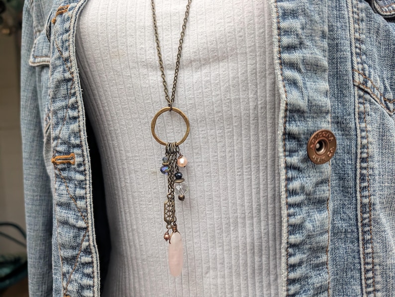 Long multi charm necklace, rose quartz light pink on long bronze chain, boho style, multi drops image 2