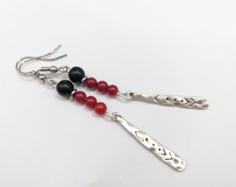 Silver boho earrings, red coral on silver paddle, with black tourmaline on silver stainless ear wires, bright red dangle earrings