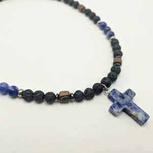 Mens cross necklace, boys confirmation gift, blue stone cross pendant, sodalite Stone, 6mm lava bead diffuser, crosses for guys
