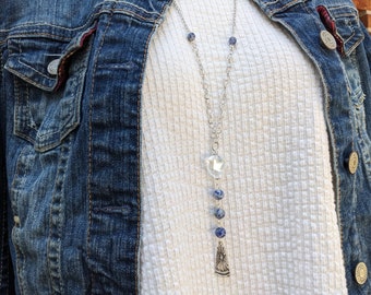 Women's Long boho necklace, extra long silver adjustable chain, with blue sodalite gemstones and quality glass crystal