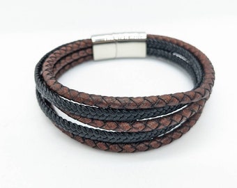 Leather bracelet, unisex mens bracelet, black and brown leather bracelet, with silver slide lock clasp