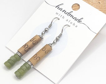 Green boho earrings, silver and bamboo wood earrings, with olive green stones on surgical stainless steel ear wires by JT