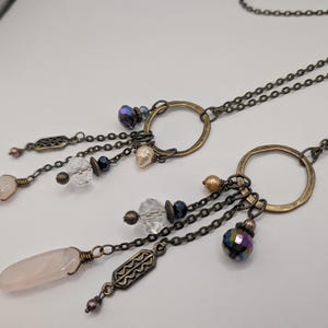 Long multi charm necklace, rose quartz light pink on long bronze chain, boho style, multi drops image 5