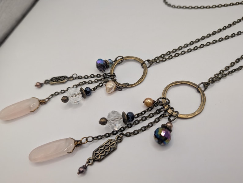 Long multi charm necklace, rose quartz light pink on long bronze chain, boho style, multi drops image 5
