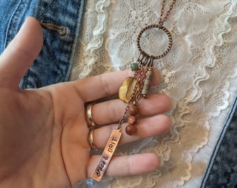 Long womens necklace, long boho style necklace on long chain, copper, mustard, rust orange, green stones and shell