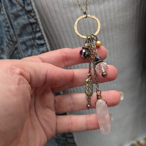 Long multi charm necklace, rose quartz light pink on long bronze chain, boho style, multi drops image 4