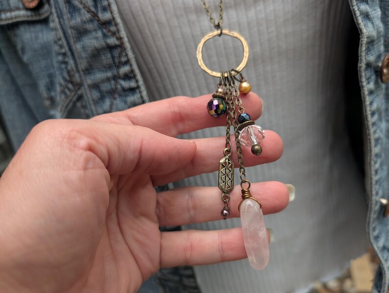 Long multi charm necklace, rose quartz light pink on long bronze chain, boho style, multi drops image 4