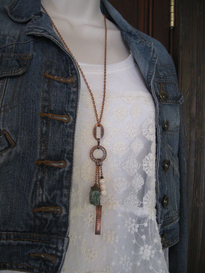 personalized with white amazonite copper and lava or green serpentine Stones your choice long boho necklace