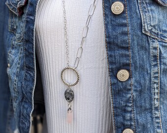 Long boho necklace, gray labradorite and rose quartz in Bohemian style, extra long silver chain, soft leather suede back
