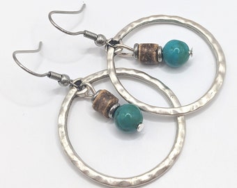 Turquoise and silver boho earrings, turquoise blue in silver circle hoop, on silver stainless ear wires, tibetan silver hoops one inch long