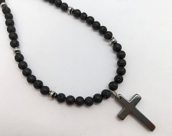 Mens cross necklace, black hematite cross necklace, lava bead mens diffuser, essential oils necklace, boys confirmation cross BD6_54