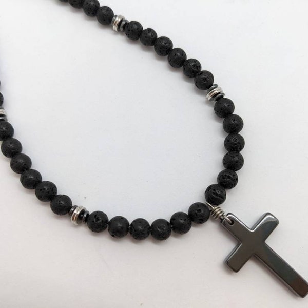 Mens cross necklace, black hematite cross necklace, lava bead mens diffuser, essential oils necklace, boys confirmation cross BD6_54