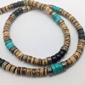mens necklace turquoise, gift for dad, beaded surf style necklace for him with pyrite, waterproof choker for man in custom length 03