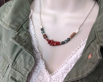 Women's boho style beaded stone necklace, red coral, rustic turquoise, wooden beads on quality silver chain